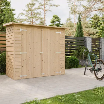 A wooden garden shed is shown in an outdoor setting next to a paved walkway and a bicycle.
