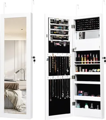 Immagine prodotto di COSTWAY Armadio portagioie da 120 cm con specchio a figura intera e specchio per il trucco incorporato, mobile portagioie per anelli, ganci per collane e orecchini bianco