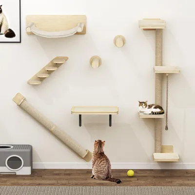 Produktbild von 7tlg. Kletterwand katzen set, Katzen-Wandmöbel, mit 3 Kratzbäumen/4 Stufen, Katzentreppe, Hängematte, Katzenbett, Wandmontage