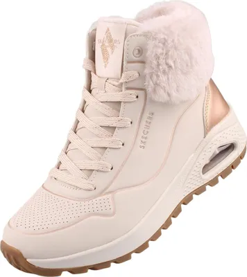 A single beige high-top sneaker with pink fur trim and gold accents.