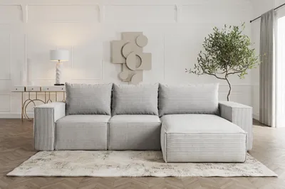 Produktbild von Ecksofa Sofa mit Schlaffunktion ESTELLE in Stoff Poso Hellgrau Ottomane Rechts