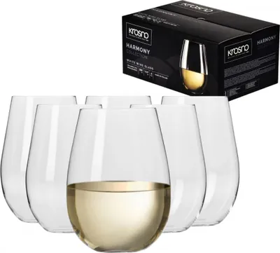A set of six KROSNO Harmony white wine glasses, with one glass filled with white wine, and the product packaging in the background.
