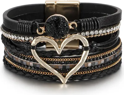 Produktbild von Schwarzes Lederarmband mit Boho-Herz, Geschenk für sie
