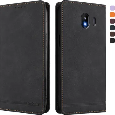 Image de Etui pour Samsung Galaxy J4 2018, étui rétro en cuirPolyuréthaneavec support et fentes pour cartes de crédit Noir