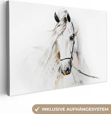 Produktbild von MuchoWow® - Leinwandbilder - Pferd - Aquarell - Tiere - Weiß, Wandbild, Wanddeko Bilder Wohnzimmer, 30x20cm