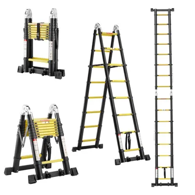 Produktbild von TEENO Teleskopleiter 5 m (2,5+2,5), 2-in-1-Klappleiter, Aluminium-Teleskopleiter, Klappleiter mit Rollen unten, 150 kg Tragkraft, schwarz