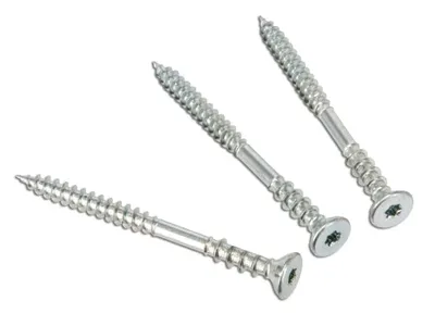 Three silver screws are arranged diagonally on a white background.