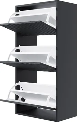 A three-tier shoe cabinet with open doors, shown against a white background.