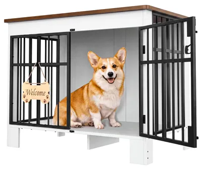 Hunde-Holzkäfig-Möbel 85 cm, Doppeltür, Weiß+Braun
