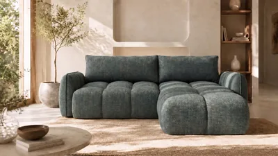 Image de Canapé d'angle Kaiser Möbel en forme de L, avec fonction convertible, revêtement en tissu chenille Puente, couleur bleu azur, configuration à droite, modèle BELVEDER L