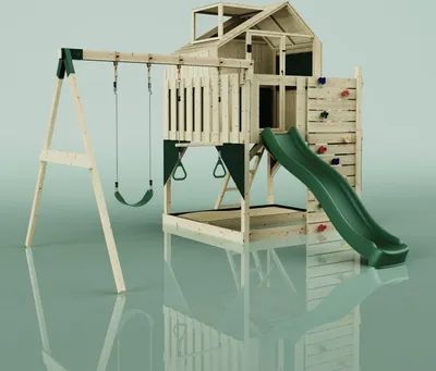 Produktbild von OutdoorToys Spielturm mit Spielhaus inkl. Wellenrutsche und 2x Kinder-Schaukel, Outdoor Klettergerüst Garten, Ausführung: Trapezstange, Farbe: Smaragdgrün Trapezstange