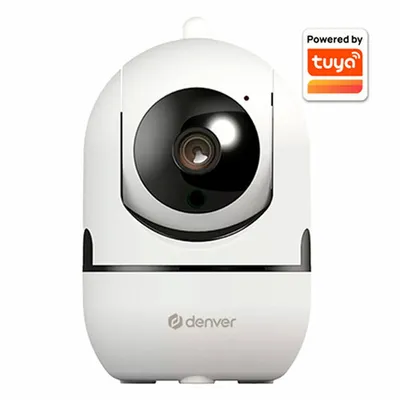 A white Denver indoor WiFi camera with a black lens housing, shown from the front on a white background. A 'Powered by Tuya' logo is in the top right corner.