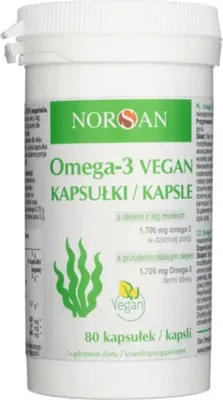 A white plastic bottle of Norsan Omega-3 Vegan capsules.