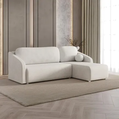 Produktbild von Masseno Ecksofa MARELLO mit Schlaffunktion L-Form, Sofa mit Bettkasten, Wohnzimmersofa, Couch, Soffa, Bettsofa, Couchgarnitur- Creme, NEVE 02