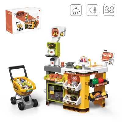 A toy supermarket playset with a shopping cart.