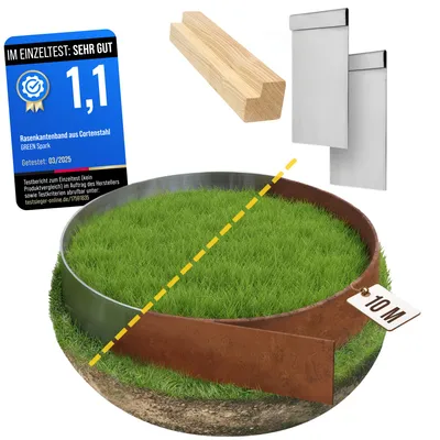 Produktbild von Cortenstahl Rasenkantenband [Schneckenabweisend] mit Superflex Technolgie 10m x 15cm 1mm dick | Beeteinfassung Metall Edelrost Raseneinfassung Garten