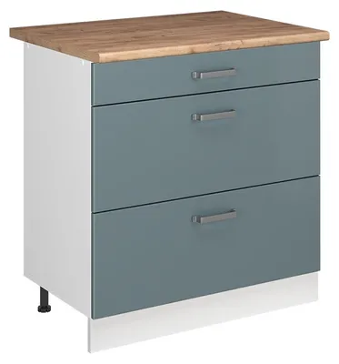 Productafbeelding van Keukenonderkast Vicco R-Line Blauw-grijs/Wit 80 cm met 3 laden goudkleurig eiken werkblad, Model 72361