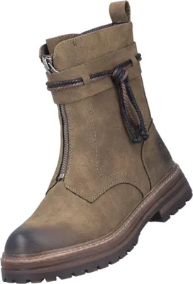 Auf dem Bild ist ein grüner Stiefel zu sehen der von der Seite präsentiert wird. Die Oberfläche des Stiefels wirkt glatt und glänzend.