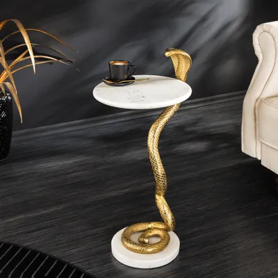 Produktbild von riess-ambiente Runder Beistelltisch WILDLIFE COBRA 65cm gold weiß Marmor Schlangen-Skulptur Couchtisch Tisch