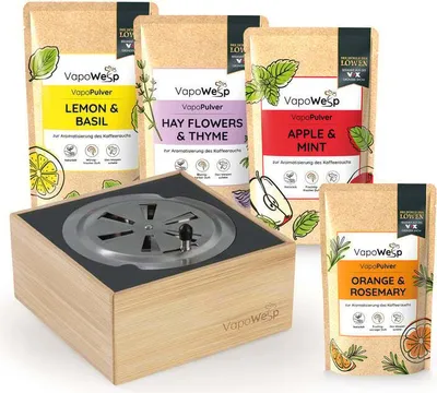 Immagine prodotto di VapoWesp Scatola per affumicatura incl. Arancia & Rosmarino (50 g) + Limone & Basilico (100 g) + Fiori di Fieno & Timo (100 g) + Mela & Menta (100 g)