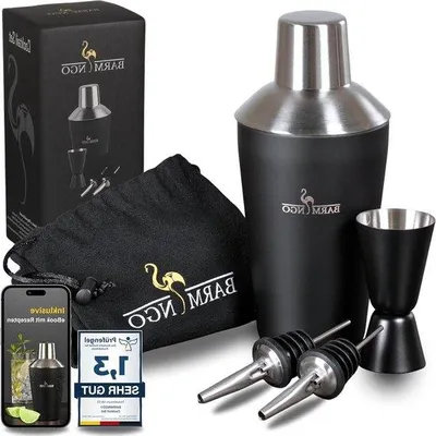 Produktbild von Famanu Cocktail Shaker Set 5-teilig - 500 ml Shaker mit Bar Zubehör - Schwarz & Silber