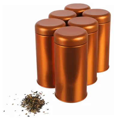 Produktbild von Dosenritter | 6 x runde retro Teedose / Gewürzdose | kupferfarben, aromadicht aus Metall für je 100gr Gewürzpulver | 14 x 6,6 cm (H,ø)