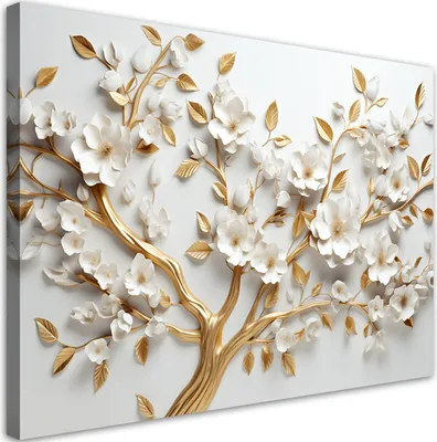 Produktbild von Leinwandbild Goldener Kirschbaum in voller Blüte, 3D 90x60 Feeby Gold bild für die wand bereit zum aufhängen