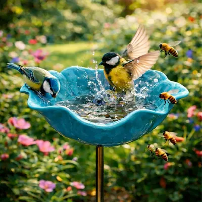 Produktbild von Vogeltränke mit Erdspieß Blume aus Metall Bienen Tränke Vogelfutterschale Dekorativer Garten für Vögel, Bienen & Schmetterlinge Blau