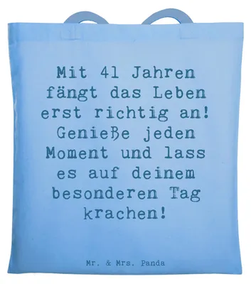 Produktbild von Mr. & Mrs. Panda Beutel Spruch 41. Geburtstag - Sky Blue - Geschenk, Geburtstagsgeschenk, einkaufsshopper, Jutebeutel, Tote Bag, Leben beginnt mit 41, Stoffbeutel