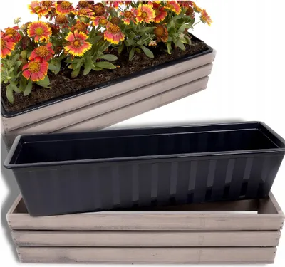 Zdjęcie produktu dla ECODECO Drewniana skrzynka dekoracyjna na kwiaty | Skrzynka drewniana 18x60x15 cm | Drewniane pudełko z plastikową wkładką | Donica na balkon, taras lub do ogrodu | Skrzynka na kwiaty z naturalnego drewna