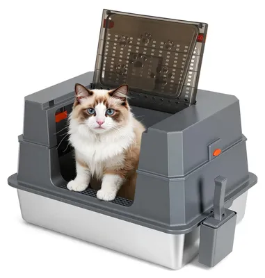 Produktbild von Faziango Großes Katzenklo aus Edelstahl grau mit Deckel geschlossene Katzentoilette inkl. Schaufel und Streumatte