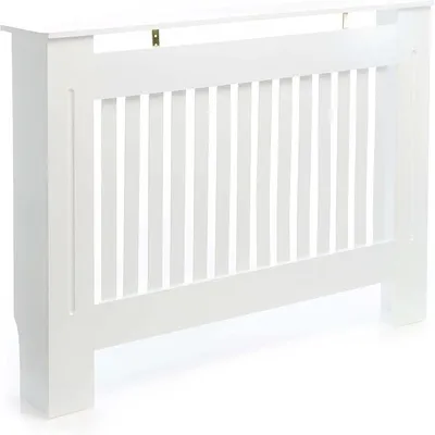 Produktbild von Heizkörperverkleidung weiß 112 x 19 x 82 cm, Heizkörperabdeckung aus MDF, Holzverkleidung für Heizkörper in Lamellenoptik