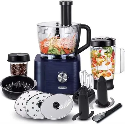 Immagine prodotto di J&R Robot da cucina - Tutto in uno - Robot da cucina multifunzione - Tritacarne - Frullino - Impastatrice - Grattugia - Spremiagrumi - Tritatutto - Frullatore - 1100 W - Blu