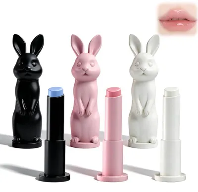 Image de Lot de 3 baumes à lèvres hydratants pour les lèvres sèches, design lapin, couleurs : rose, blanc, noir