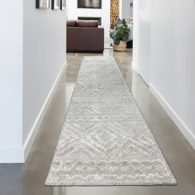 Zdjęcie produktu dla Dywan do salonu z wysokim włosiem w stylu boho z wzorem w romby i koła w kolorze beżowym Rozmiar - 80 x 300 cm