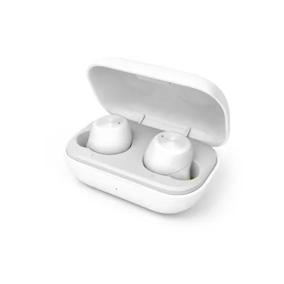 A pair of white true wireless earbuds in their open charging case, presented on a white background.