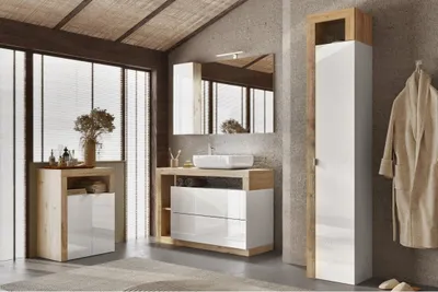 Immagine prodotto di Colonna da bagno, 1 porta, 5 ripiani, collezione BURA. Colori bianco lucido laccato e rovere chiaro