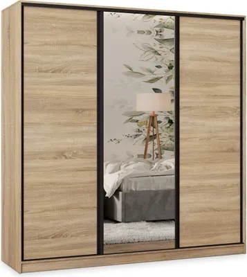 Produktbild von Masseno Schiebetürenschrank TARI 200/205/58 cm Kleiderschrank mit 4 Schubladen Schlafzimmer Schrank 3-türig mit Spiegel Sonoma Eiche