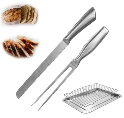 Produktbild von Backblech 15,5 Zoll - Kühlregal - Schneidemesser/Fleischgabel - Edelstahl - Langlebig - Geeignet für BBQ und Gemüse - Grillrost
