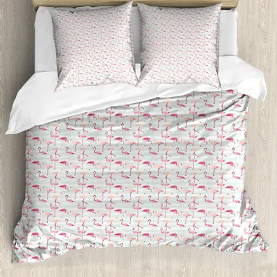Produktbild von ABAKUHAUS Flamingo Bettbezug Set, Horizontaler gestreifter Hintergrund mit Pastell farbigen Insel-Dschungel-Vögeln, 155 x 220 cm + 80 x 80 cm, Mintgrün Pfirsich Korallenrot