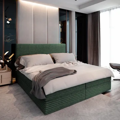 A bedroom scene with a bed as the main focus.