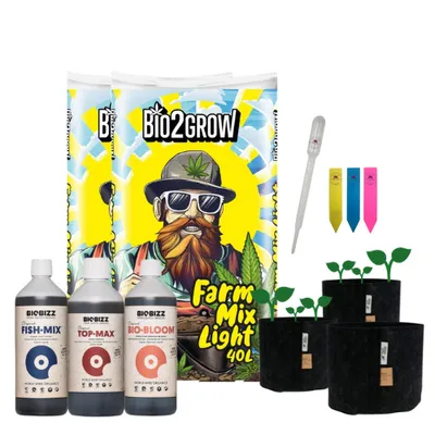Produktbild von Outdoor-Pflanzenset mit 2x 40L Erde & 3 Root Pouch Stofftöpfen (16L) Advanced – Inklusive BioBizz Fish Mix, Bloom & Top Max (je 1L)