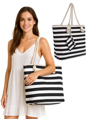 Produktbild von Große Strandtasche Shopper mit Reißverschluss - maritime Streifen schwarz-weiß