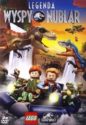 A group of Lego minifigures and dinosaurs in a boat with waterfalls and jungle in the background.