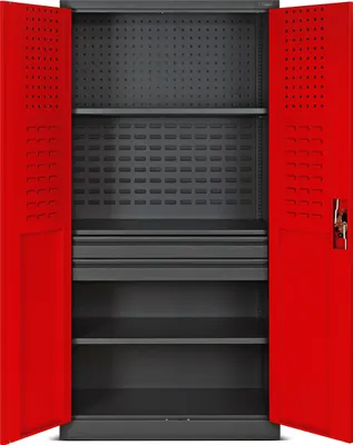 Obrázok produktu pre Skriňa na náradie Dielenská skriňa Kovová skriňa so zásuvkami výklopné dvere kovová skriňa 3 police prášková farba 185 cm x 92 cm x 50 cm Antracitovo-červená