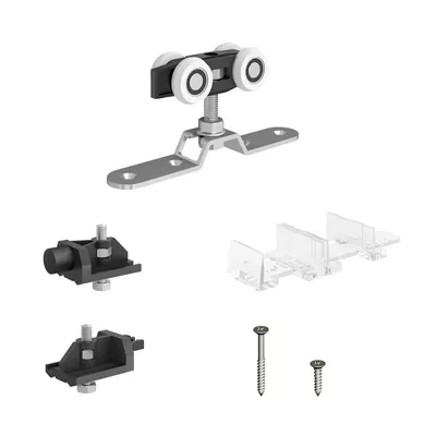 A collection of sliding door hardware components, including rollers, brackets, and screws, arranged on a white background.