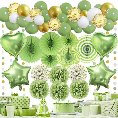 Image de Kit de décoration pour fête - Comprend des pompons en papier, une guirlande et des ballons - Couleur vert sauge - 1 ensemble
