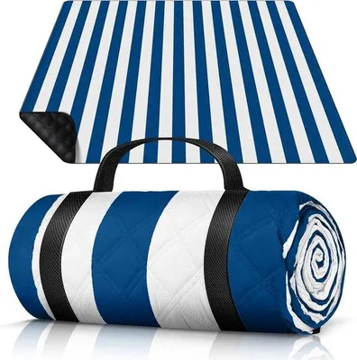 Produktbild von Picknickdecke 200x200 cm, wasserdicht, isoliert, Strandmatte mit Innenfutter, XXL, für Picknick, Camping, Strand und Outdoor-Aktivitäten – blau gestreift