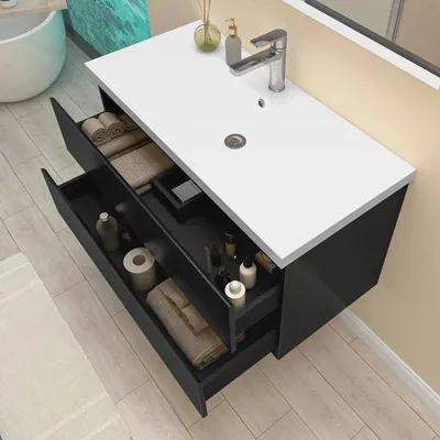 Produktbild von 100cm Waschtisch mit Unterschrank Badezimmer Keramik-Waschbecken mit Unterschrank Schwarz Hochglanz