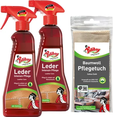 Produktbild von Poliboy Leder Intensiv Pflege - 2x375ml - für nachhaltige Reinigung, Pflege und Schutz von Lederoberflächen - Inklusive Baumwollpflegetuch